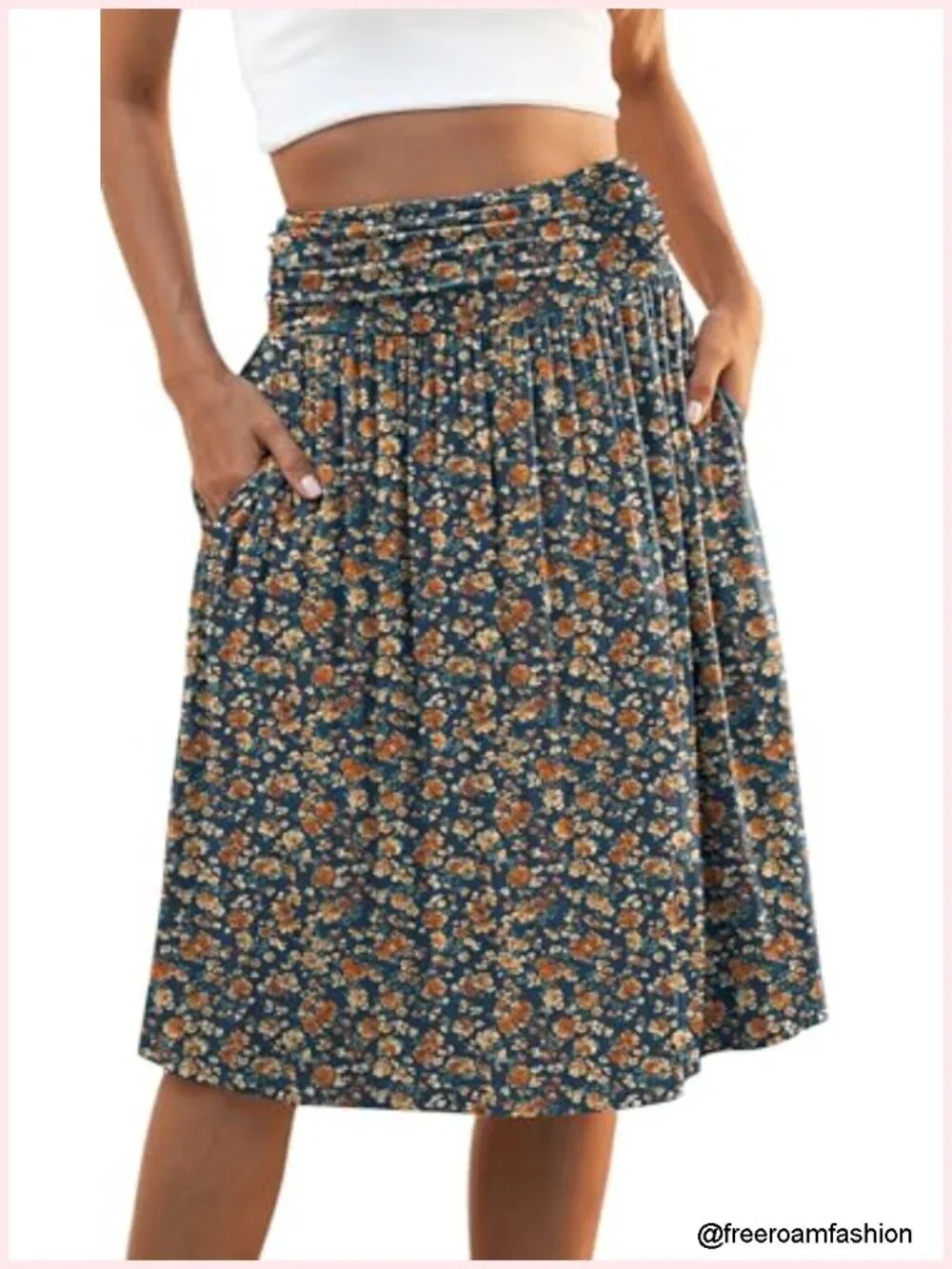 Flowy Midi Skirt with Pockets, High Waisted Pleated A-Line Casual